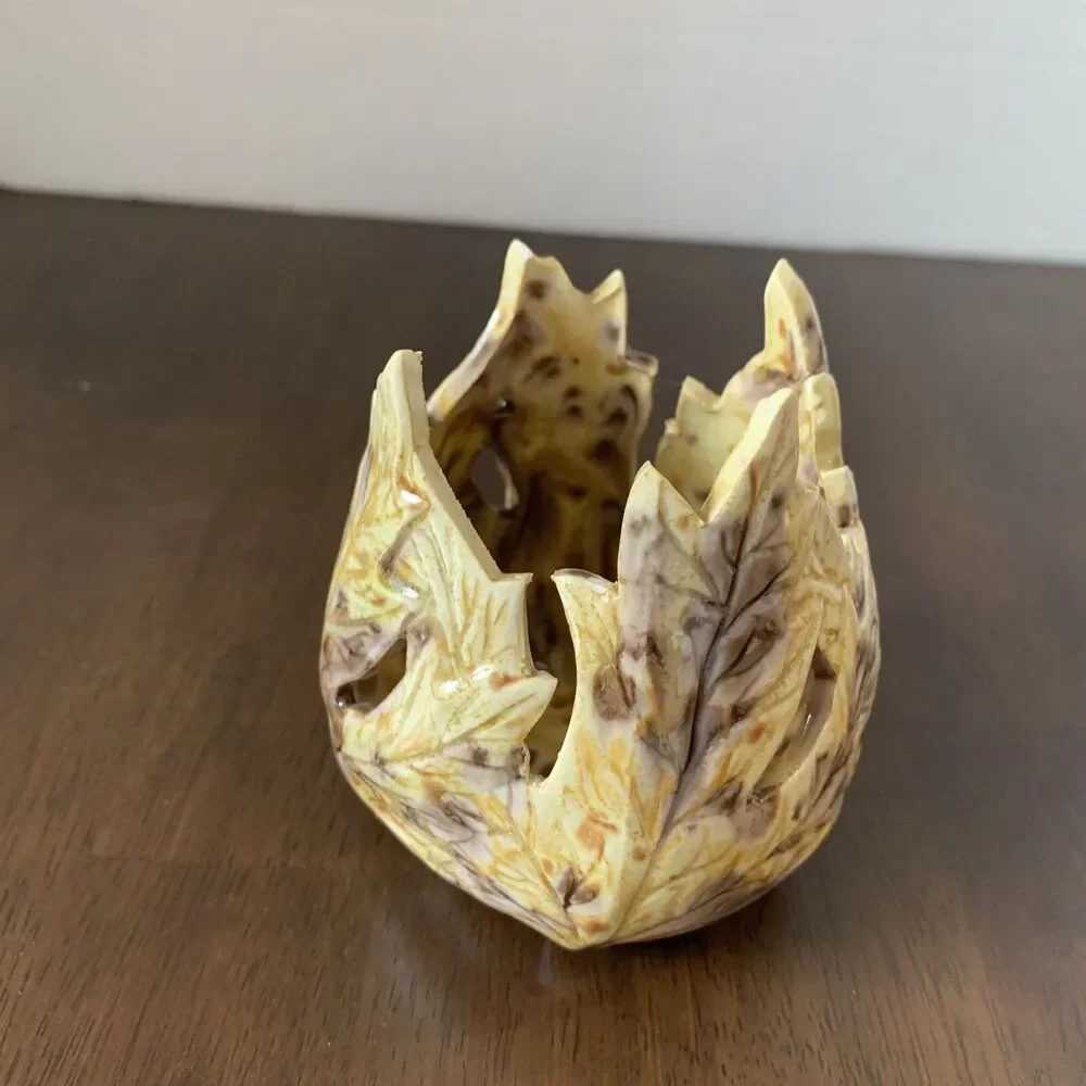ART POTTERY VINTAGE.HANDMADE Yellow & Brown Leaf Design 3 3/4 Inch Signed W/date